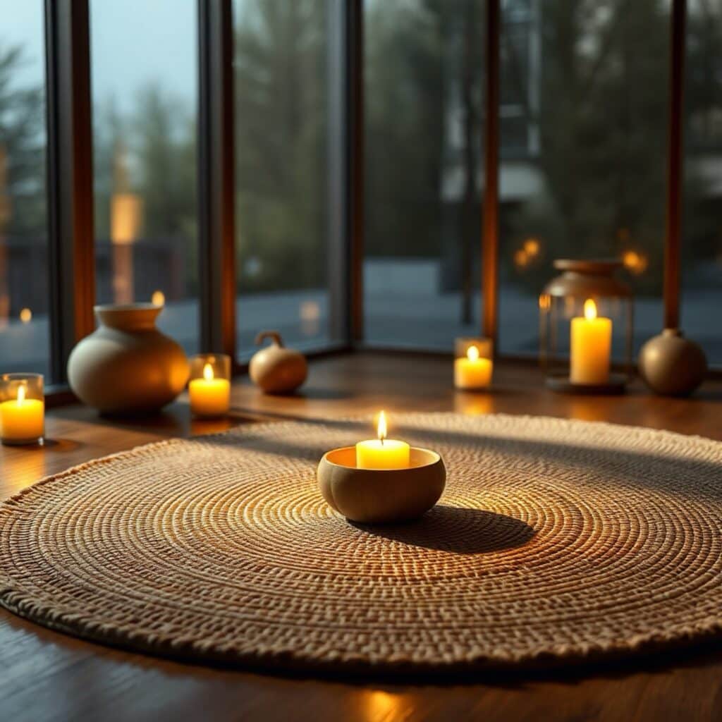 Tapis, et bougies dans une ambiance zen, pour faire du yoga ou de la méditation. Bien-être et sport à domicile. Prendre soin de soi.