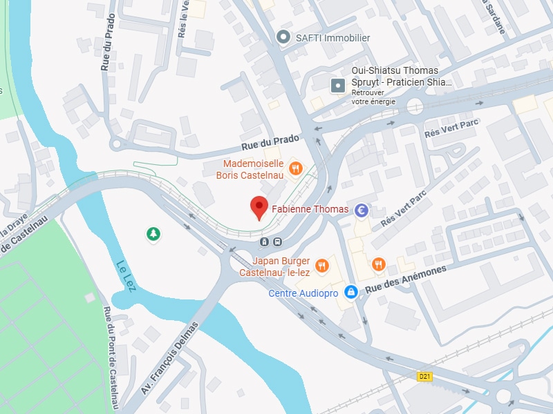 Carte de Castelnau-le-Lez: pin Fabienne Thomas, Rue du Prado, Rés Vert Parc, Le Lez, Japan Burger, Centre Audiopro.