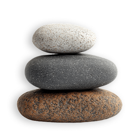 Pierres Empilées: Équilibre Zen & Sérénité Naturelle Trois galets lisses empilés: blanc tacheté, gris foncé, et marron. Un cairn symbolisant équilibre et sérénité sur fond noir uni.