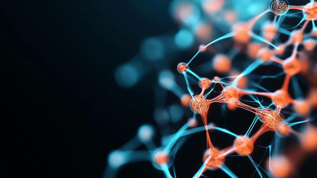 Réseau de Connexions Neuronales : Technologie & Science Réseau neuronal ou moléculaire abstrait lumineux. Connexions complexes orange et bleues sur fond sombre, évoquant technologie et énergie.