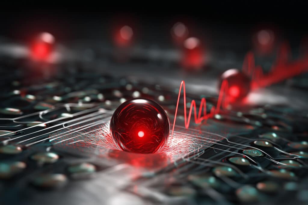 Technologie futuriste : sphère rouge, onde d'énergie IA Sphère rouge lumineuse sur circuit futuriste avec onde d'énergie, symbolisant l'IA et les données numériques.